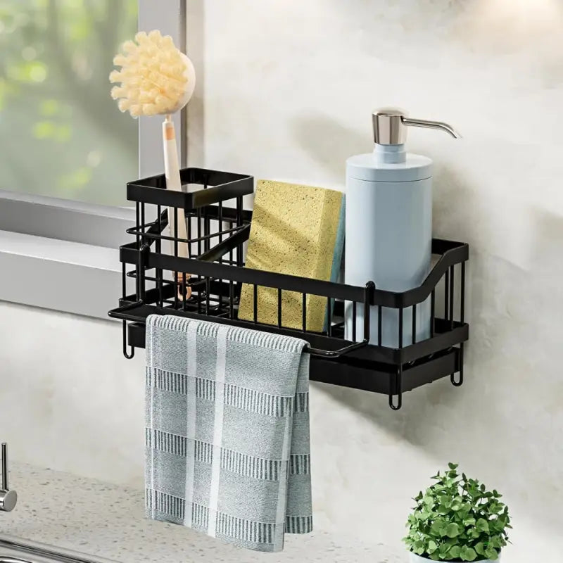 All-in-One Sink Caddy: Sponge & Soap Holder with Non-Slip Brush Storage (Black) - Take Fire